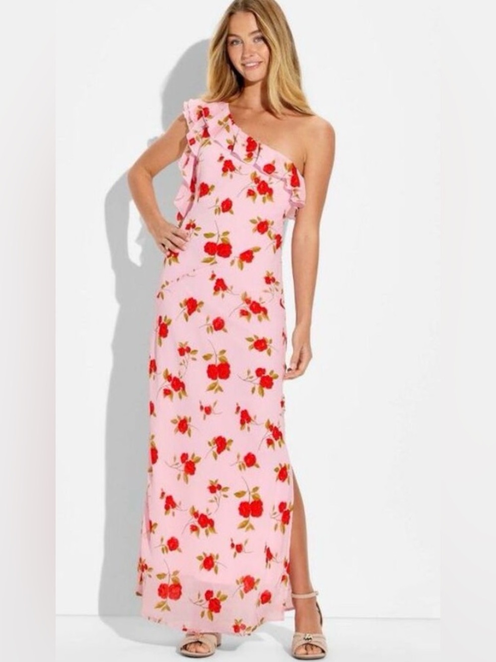 One-Shoulder Pink Floral Maxi Dress with Ruffle Trim New Size Xsmall